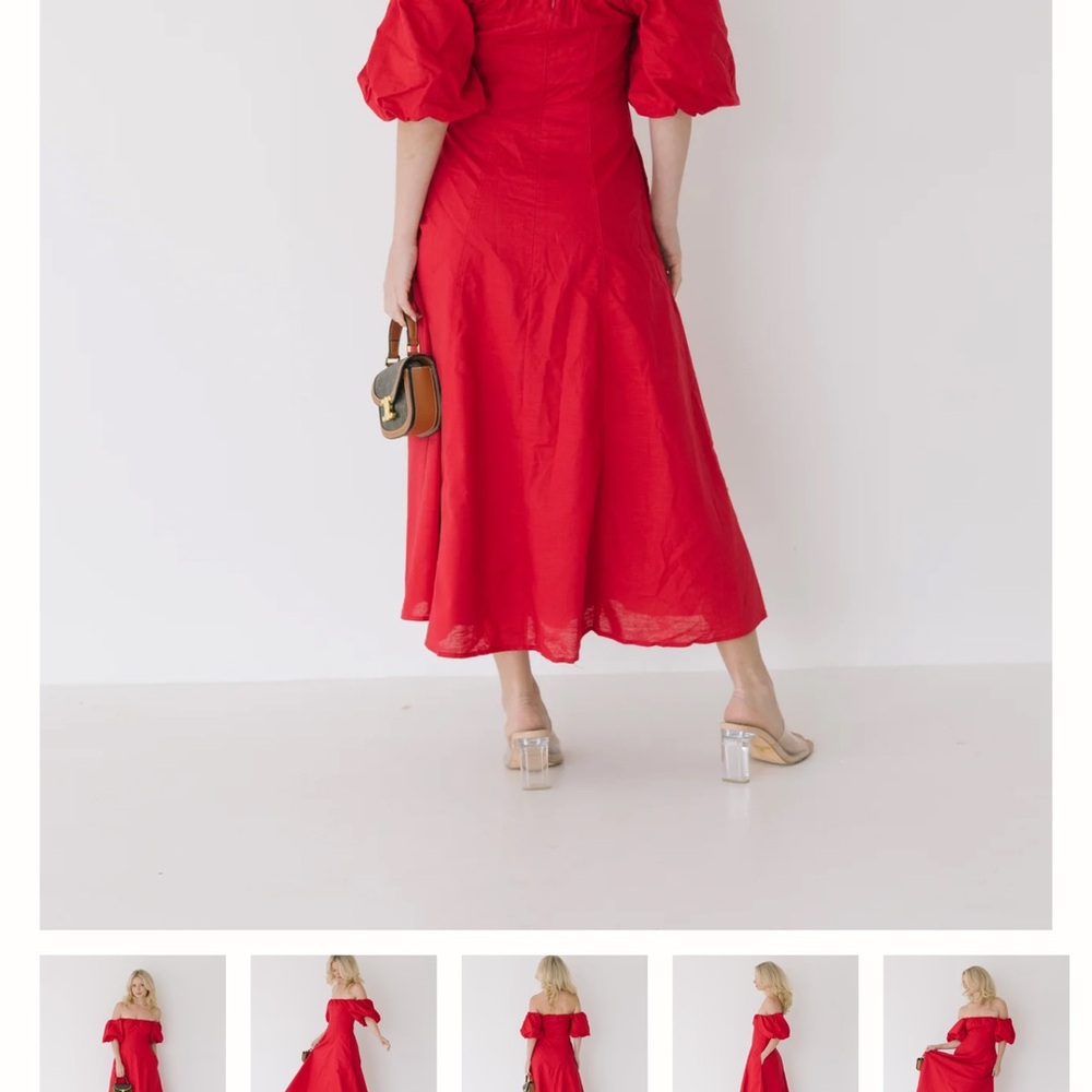 Chic Red Midi Dress with Puff Sleeves